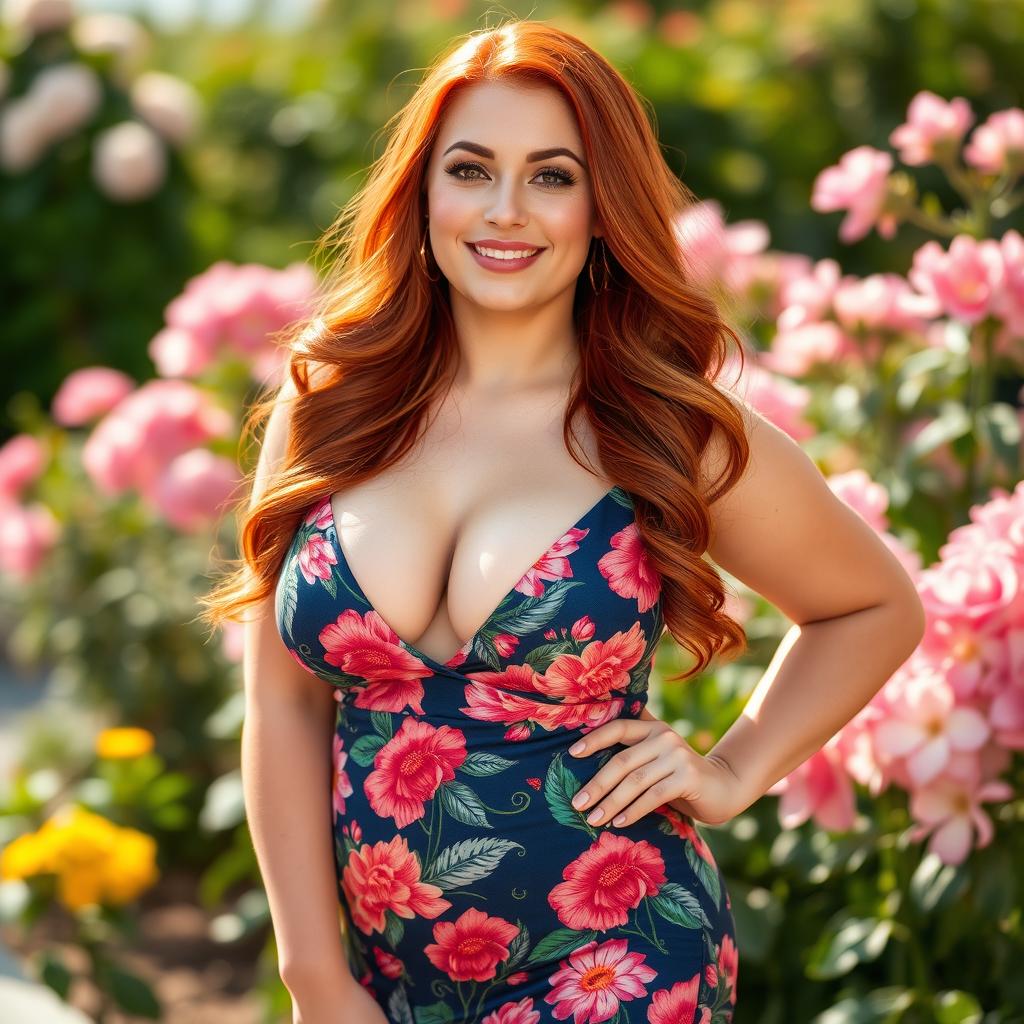 A gorgeous, curvy, seductive redhead wearing a floral pattern sundress that accentuates her figure