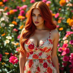 A gorgeous, curvy, seductive redhead wearing a floral pattern sundress that accentuates her curves