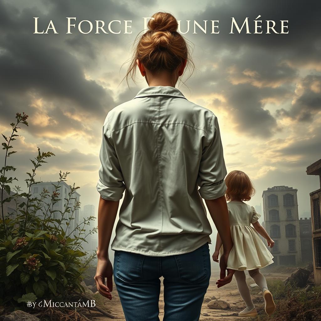 A novel cover for "La Force D'une Mère" by MicantaMB, featuring a mother seen from behind with a messy bun, wearing a worn hospital blouse and jeans
