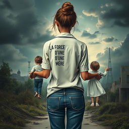 A novel cover for "La Force D'une Mère" by MicantaMB, featuring a mother seen from behind with a messy bun, wearing a worn hospital blouse and jeans