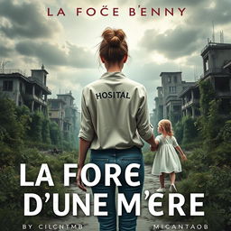 A novel cover for "La Force D'une Mère" by MicantaMB, featuring a mother seen from behind with a messy bun, wearing a worn hospital blouse and jeans