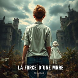 A novel cover for "La Force D'une Mère" by MicantaMB, featuring a mother seen from behind with a messy bun, wearing a worn hospital blouse and jeans