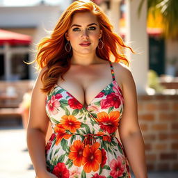 A gorgeous curvy redhead wearing a floral pattern sundress that accentuates her figure