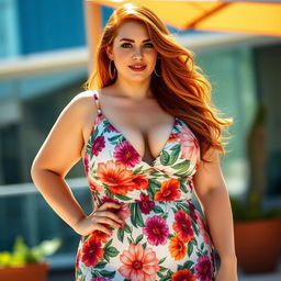 A gorgeous curvy redhead wearing a floral pattern sundress that accentuates her figure