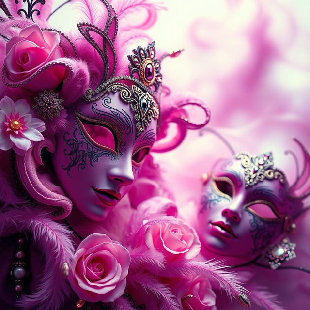 A vibrant and captivating scene featuring an array of violet and rose colors intertwined with elegant Venetian masks