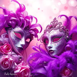A vibrant and captivating scene featuring an array of violet and rose colors intertwined with elegant Venetian masks