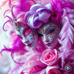 A vibrant and captivating scene featuring an array of violet and rose colors intertwined with elegant Venetian masks