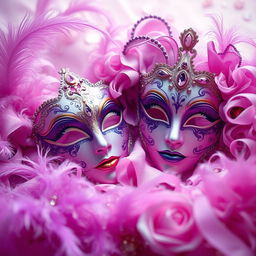 A vibrant and captivating scene featuring an array of violet and rose colors intertwined with elegant Venetian masks