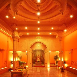 A well-furnished serene room featuring a beautifully decorated Mandir (Hindu temple) with subtle lighting.