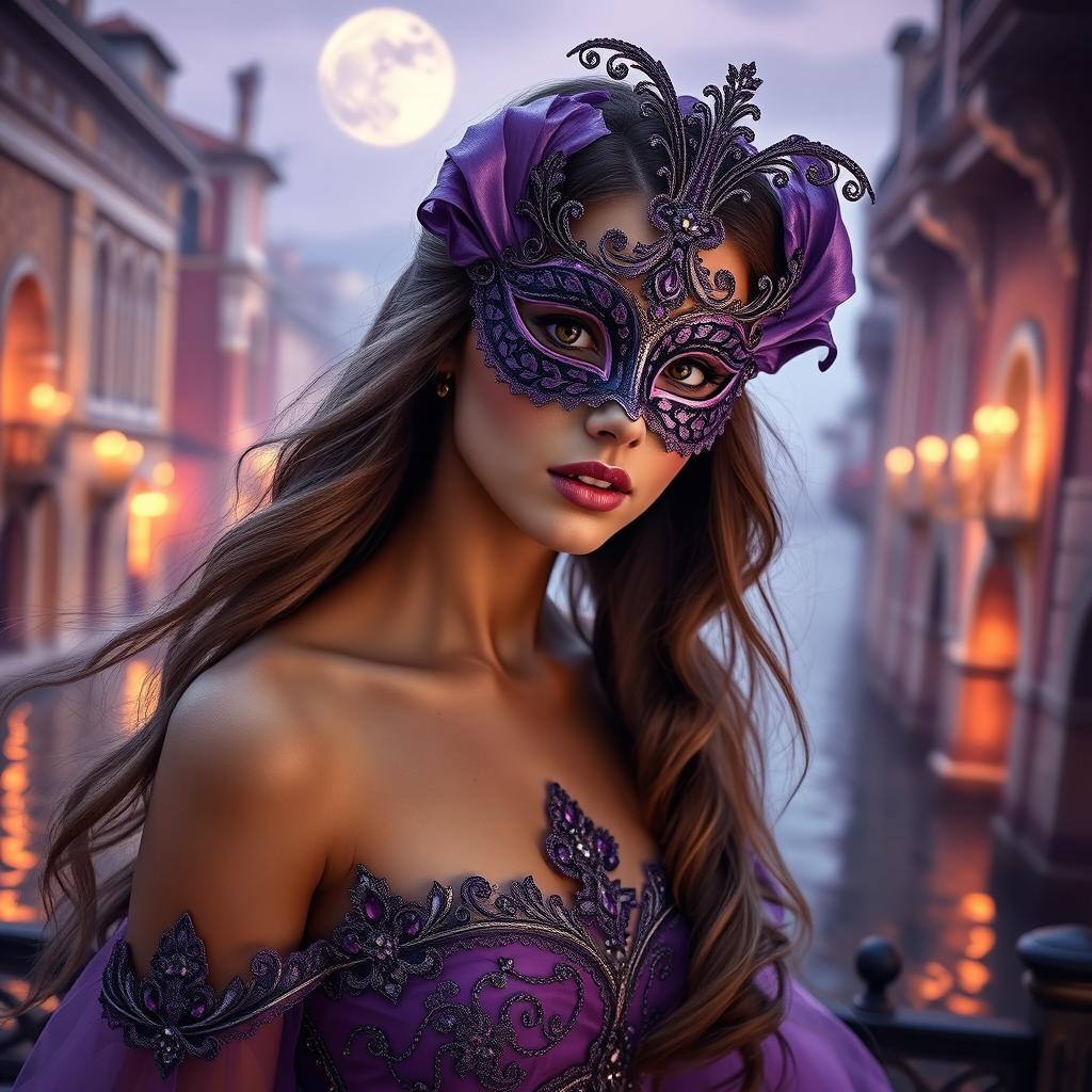 A captivating scene featuring a beautiful woman wearing an ornate Venetian mask in shades of violet