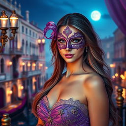 A captivating scene featuring a beautiful woman wearing an ornate Venetian mask in shades of violet