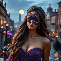 A captivating scene featuring a beautiful woman wearing an ornate Venetian mask in shades of violet