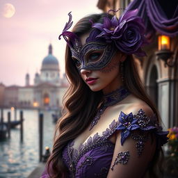A captivating scene featuring a beautiful woman wearing an ornate Venetian mask in shades of violet