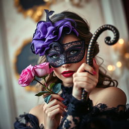 A mysterious and elegant scene featuring a woman adorned with a beautiful violet Venetian mask, her mysterious eyes peeking through the intricate design