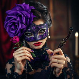 A mysterious and elegant scene featuring a woman adorned with a beautiful violet Venetian mask, her mysterious eyes peeking through the intricate design