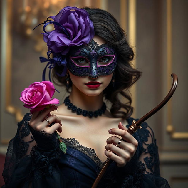 A mysterious and elegant scene featuring a woman adorned with a beautiful violet Venetian mask, her mysterious eyes peeking through the intricate design