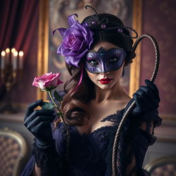 A mysterious and elegant scene featuring a woman adorned with a beautiful violet Venetian mask, her mysterious eyes peeking through the intricate design