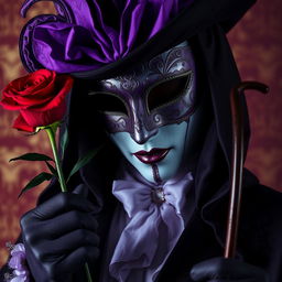 A close-up of a mysterious figure wearing a stunning violet Venetian mask adorned with intricate designs, holding a striking red rose in one hand and a sleek whip in the other