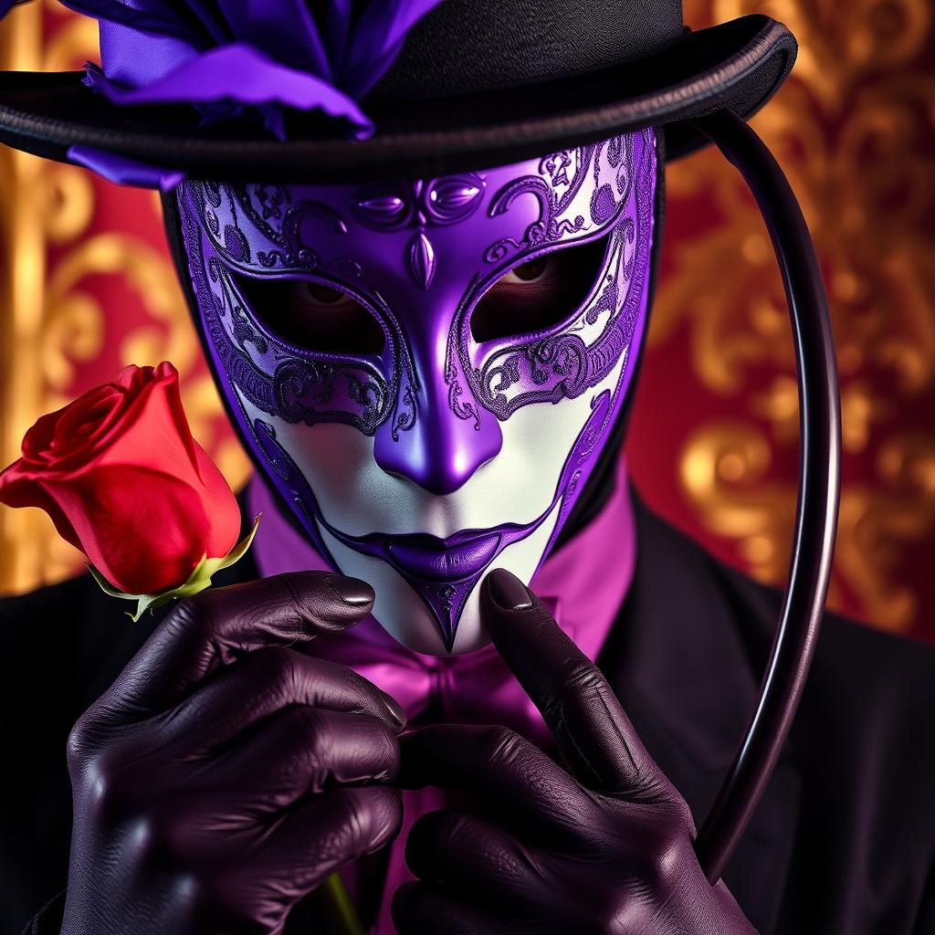 A close-up of a mysterious figure wearing a stunning violet Venetian mask adorned with intricate designs, holding a striking red rose in one hand and a sleek whip in the other