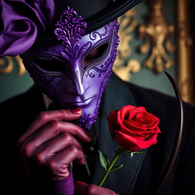 A close-up of a mysterious figure wearing a stunning violet Venetian mask adorned with intricate designs, holding a striking red rose in one hand and a sleek whip in the other