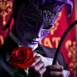 A close-up of a mysterious figure wearing a stunning violet Venetian mask adorned with intricate designs, holding a striking red rose in one hand and a sleek whip in the other