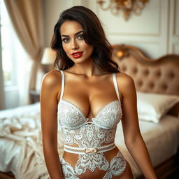 A glamorous woman in exquisite white lingerie, featuring a delicate garter belt accentuating her curves