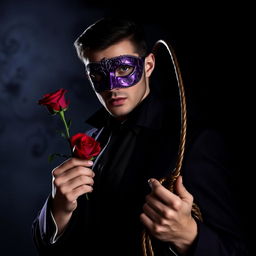 A mysterious man wearing a Venetian mask in deep shades of violet, standing confidently with a single red rose in his hand