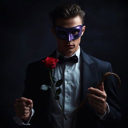 A mysterious man wearing a Venetian mask in deep shades of violet, standing confidently with a single red rose in his hand