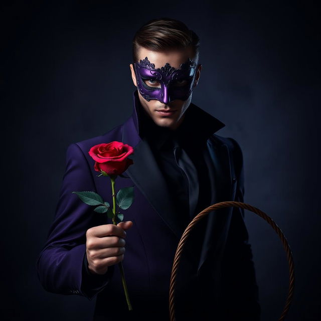 A mysterious man wearing a Venetian mask in deep shades of violet, standing confidently with a single red rose in his hand