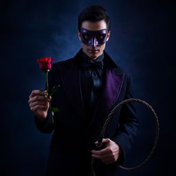 A mysterious man wearing a Venetian mask in deep shades of violet, standing confidently with a single red rose in his hand