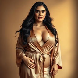 A curvy, slim Armenian woman with a fuller figure, gracefully posed while elegantly draped in a flowing, luxurious robe that accentuates her deep cleavage and narrow tummy
