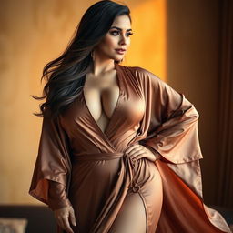 A curvy, slim Armenian woman with a fuller figure, gracefully posed while elegantly draped in a flowing, luxurious robe that accentuates her deep cleavage and narrow tummy