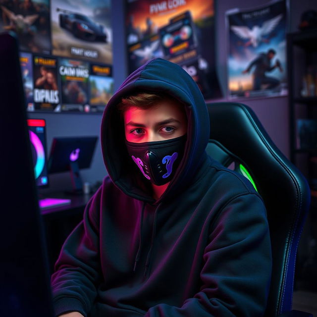 A teenager wearing a black hoodie and a face mask, sitting in front of a computer gaming setup