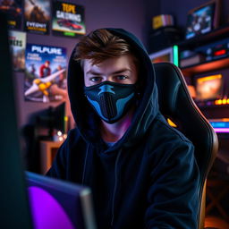 A teenager wearing a black hoodie and a face mask, sitting in front of a computer gaming setup