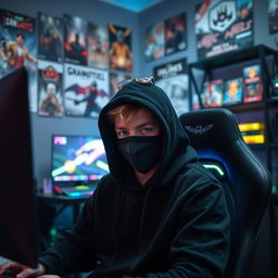 A teenager wearing a black hoodie and a face mask, sitting in front of a computer gaming setup