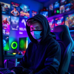A teenager wearing a black hoodie and a face mask, sitting in front of a computer gaming setup