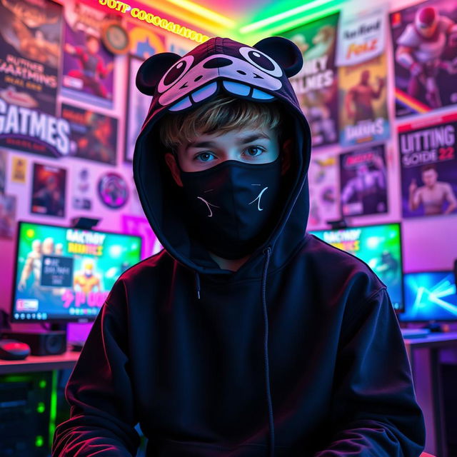 A teenager dressed in a black hoodie and a face mask, styled to resemble a gaming mascot