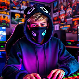 A teenager dressed in a black hoodie and a face mask, styled to resemble a gaming mascot
