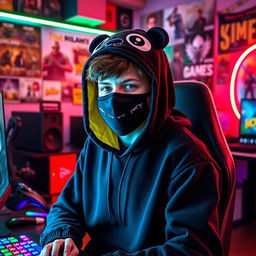 A teenager dressed in a black hoodie and a face mask, styled to resemble a gaming mascot