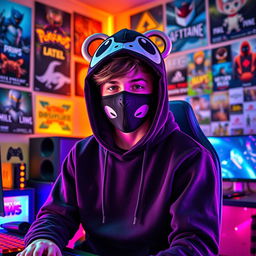 A teenager dressed in a black hoodie and a face mask, styled to resemble a gaming mascot