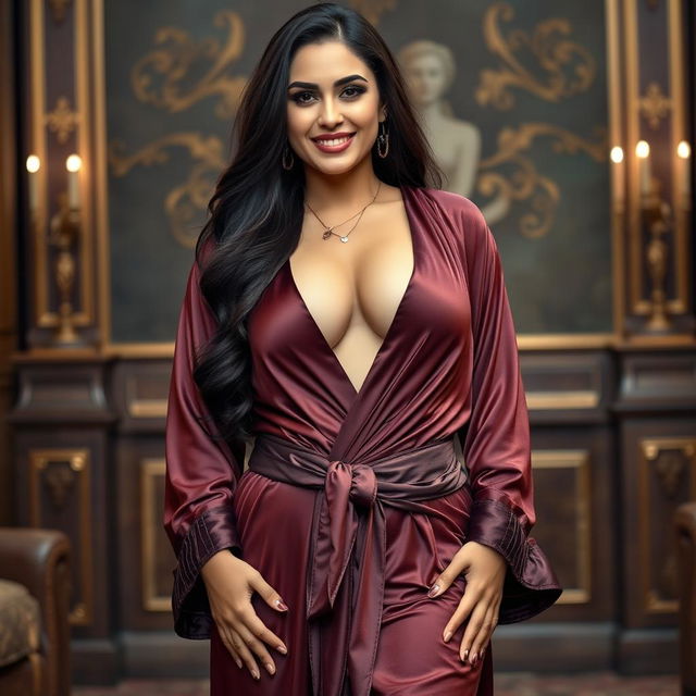 A curvy slim Armenian woman with a fuller figure, elegantly draped in a luxurious robe that accentuates her deep cleavage and narrow tummy