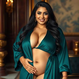 A curvy slim Armenian woman with a fuller figure, elegantly draped in a luxurious robe that accentuates her deep cleavage and narrow tummy