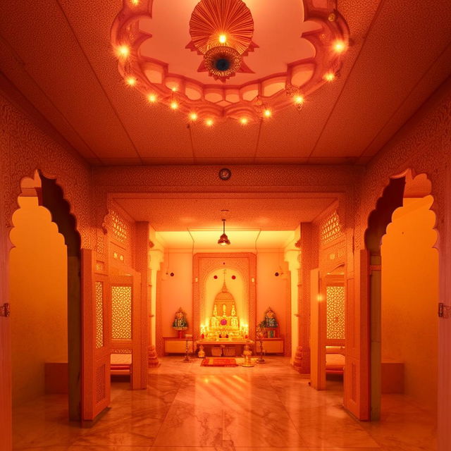 A well-furnished serene room featuring a beautifully decorated Mandir (Hindu temple) with subtle lighting.