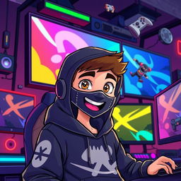 A cartoon-style illustration of a teenager in a black hoodie and a face mask, immersed in a gaming environment