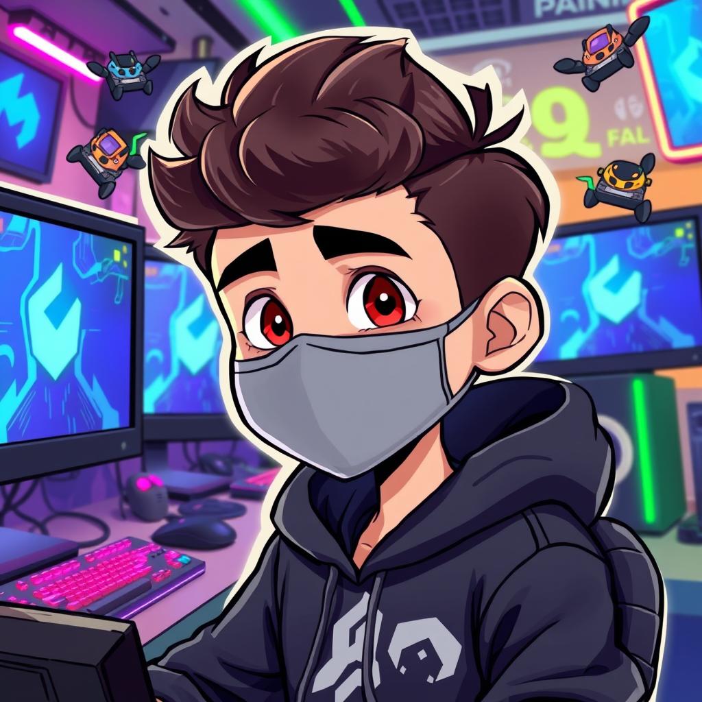 A cartoon-style illustration of a teenager in a black hoodie and a face mask, immersed in a gaming environment