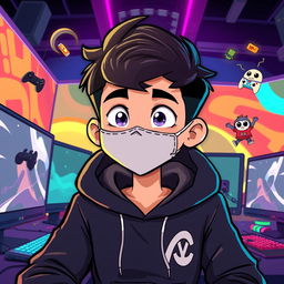 A cartoon-style illustration of a teenager in a black hoodie and a face mask, immersed in a gaming environment