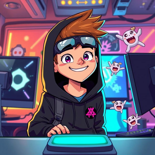 A cartoon-style illustration of a teenager in a black hoodie and a face mask, immersed in a gaming environment