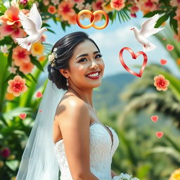A beautiful Filipina bride in a stunning traditional wedding gown, smiling joyfully with a backdrop of tropical flowers and lush greenery