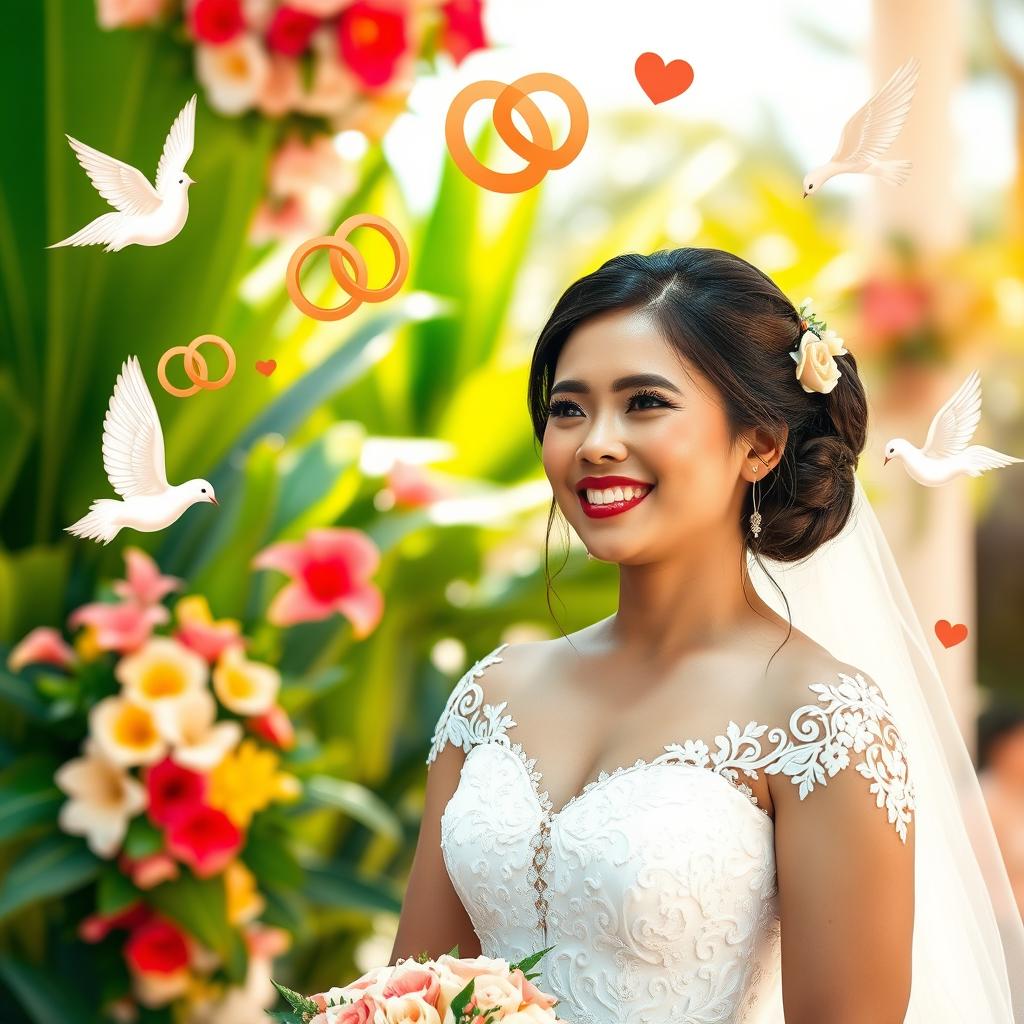 A beautiful Filipina bride in a stunning traditional wedding gown, smiling joyfully with a backdrop of tropical flowers and lush greenery