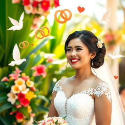 A beautiful Filipina bride in a stunning traditional wedding gown, smiling joyfully with a backdrop of tropical flowers and lush greenery